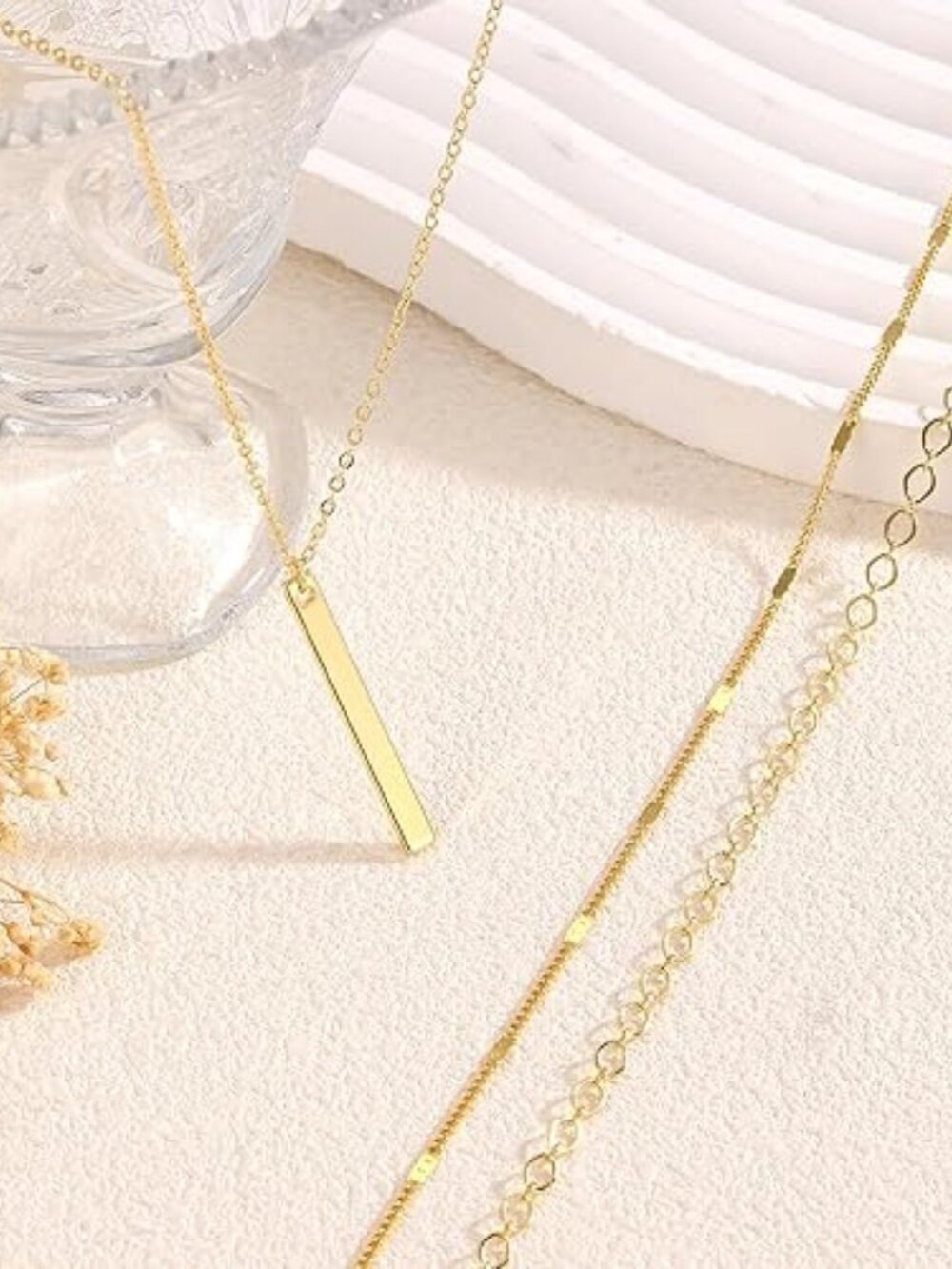 14K Gold Layered Necklace Set Cross Bar Herringbone Figaro Paperclip Chain - Picture 6 of 6